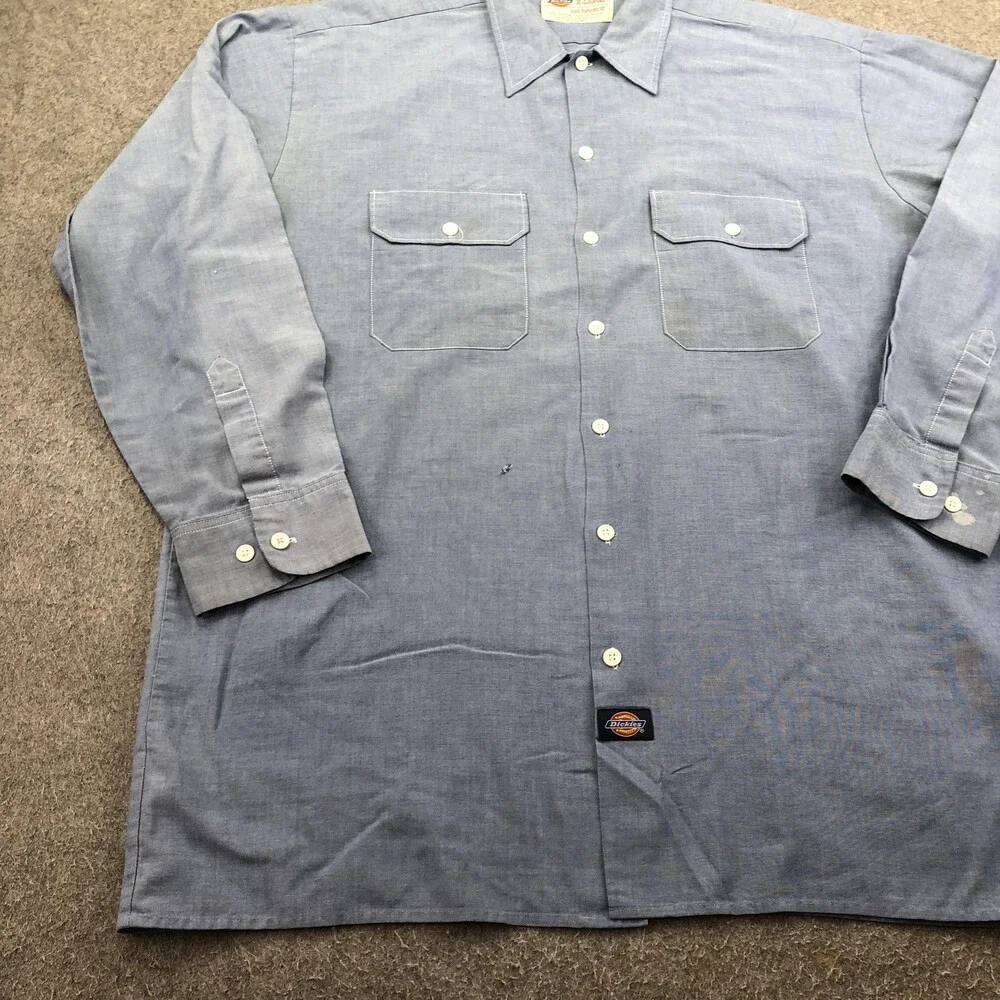 Vintage Dickies Shirt Mens XL Blue Long Sleeve Chambray Button Workwear Pockets